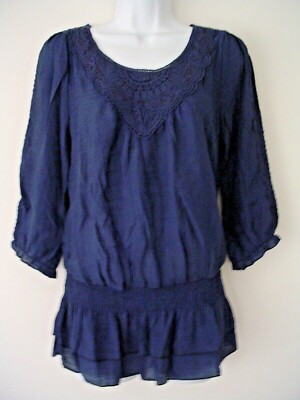 Mine Brand Blue Scoop-Neck Crochet & Lace Trim Blouse Size S