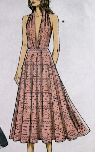 Cut Vogue V9343 Misses 6 to 14 Deep V Halter Flared Dress Sewing Pattern - Picture 3 of 10