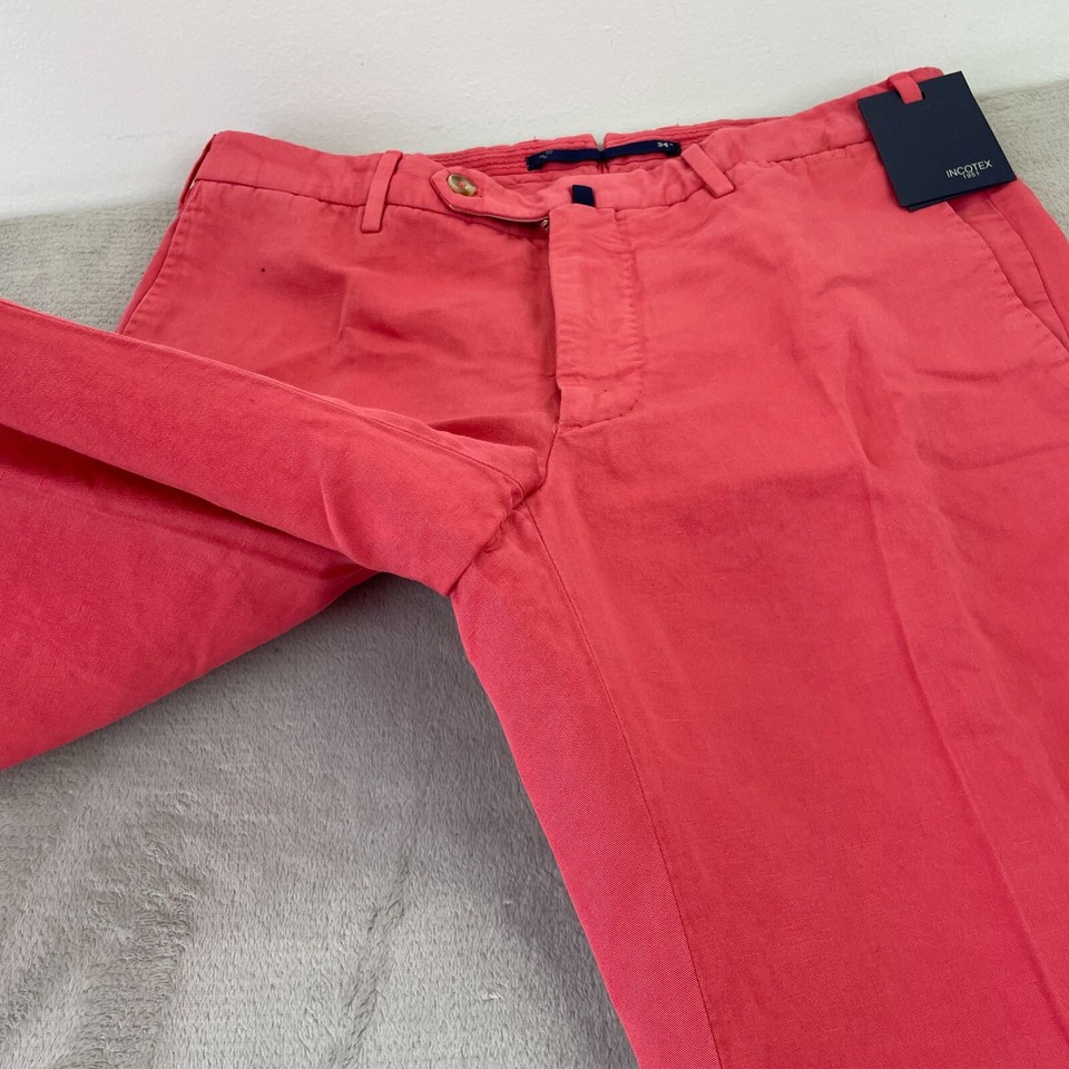 INCOTEX Pants Men 34x38 Pink ChinoLino Linen Blend SloWear Trouser NWT