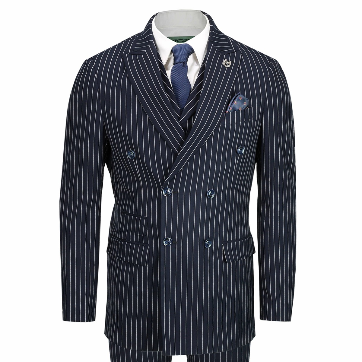Mens Navy 3 Piece Double Breasted Chalk Stripe Suit Classic Mens Navy 3 Piece Double Breasted Chalk Stripe Suit Classic
