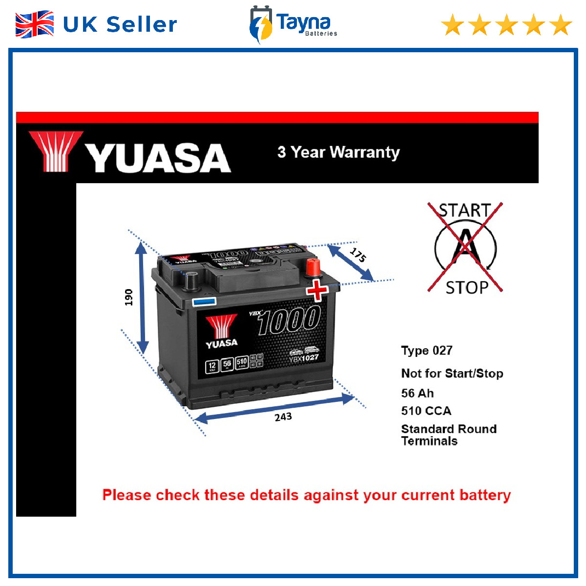 Battery fits CITROEN BERLINGO MULTISPACE C4 CACTUS C2 NEMO Yuasa 027 New