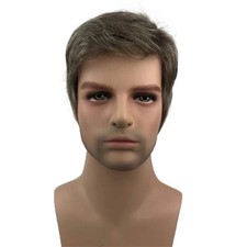 Mens Wigs Short Straight Hair Brown Mix Sliver Natural Synthetic Full Wig