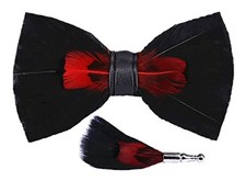 Novelty Feather Bow Tie Natural Material Handmade One Size Black Red Brooch Set