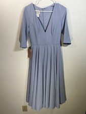 BHLDN Dress 6 Valdis Tea-Length Midi Deep V Midcentury Formal Wedding Blue