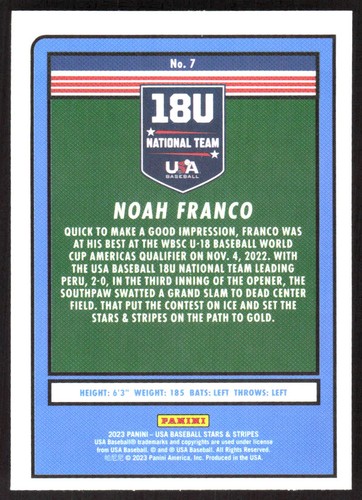 292K 2023 Panini Stars & Stripes USA Baseball #7 Noah Franco - Picture 2 of 2