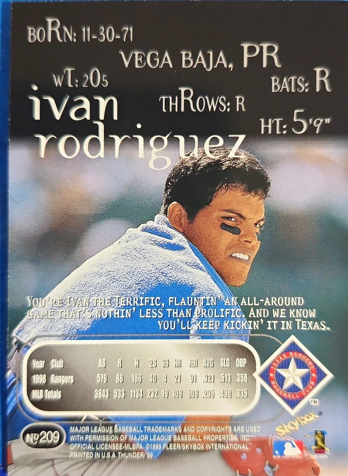 1999 Skybox Thunder - Ivan Rodriguez #209 - Image 2 of 2