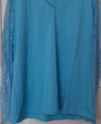 Damen Bluse Blau Basic V-Ausschnitt Langarm mit Spitzenärmeln Gr. 48