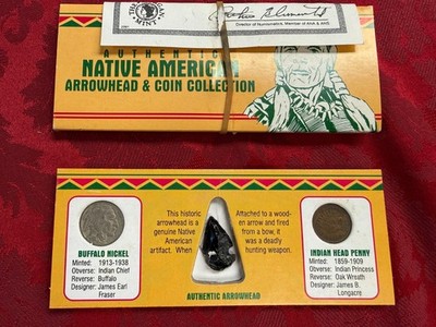 AUTHENTIC NATIVE AMERICAN ARROWHEAD & COIN COLLECTION 1936 BUFFALO & 1908 CENT