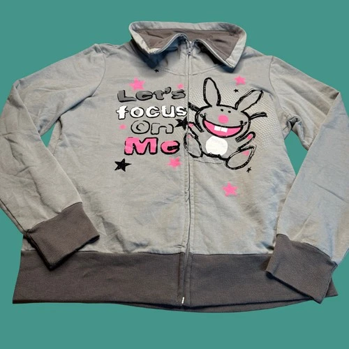 Its Happy Bunny Sweatshirt Juniors XL Gray Full Zip Jim Benton Y2K Mock Neck - product listing photo