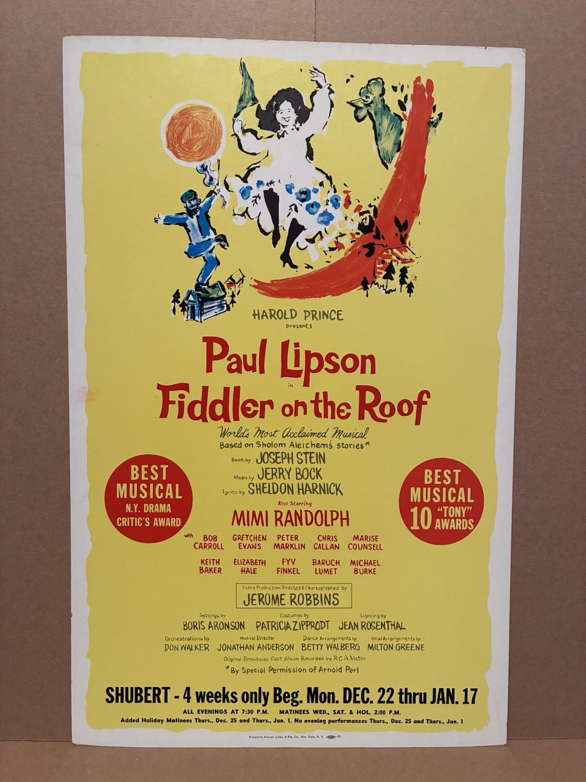Fiddler Card FIDDLER ON THE ROOF - ORIGINAL TOUR WINDOW CARD | eBay