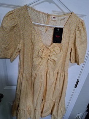 Levi's Women's Yellow Floral Midi Sundress V-Neck Short Sleeve Bow Accent Size M