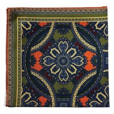 Olive Green  Orange Large Medallion Silk Pocket Square Hand-Rolled in England 