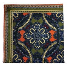Olive Green & Orange Large Medallion Silk Pocket Square (Hand-Rolled in England)