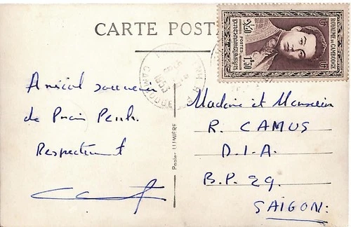 Cambodia 1$50 on  postcard to Saigon Pnomh Penh RP  Cambodge 1953