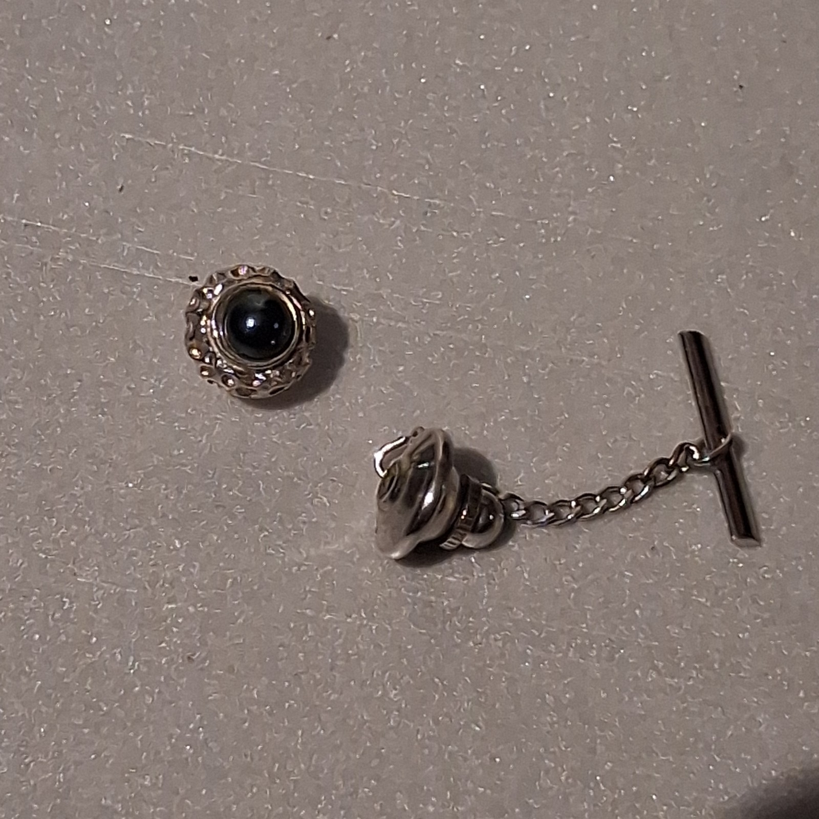 Men's Silver Tone Tie Tack with Round Black Center Stone and Chain