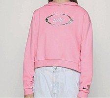 Nike Women s Sportswear Crop Pink Fleece Hoodie Floral Logo Size 2X