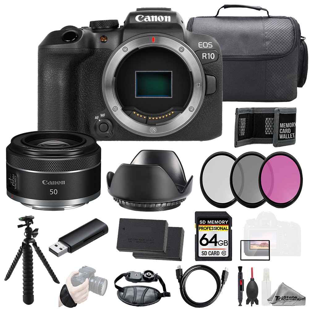 Canon EOS R10 + RF 50mm f/1.8 STM Lens+64GB+Ext Bat+3PC Filter-Kit 