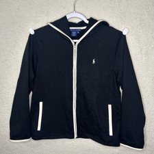 VTG Polo Ralph Lauren Black Hoodie Women's Large Beige Piping