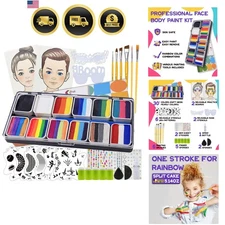 Rainbow Face Painting Kit Kids Party Makeup Water Activated Stencils Brushes