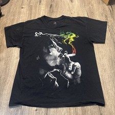 Bob Marley Smoking Weed Graphic T-shirt Men Black Short Sleeve Size L