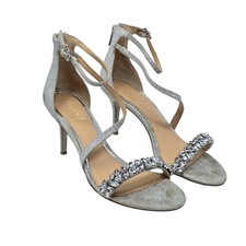Badgley Mischka Silver Glitter Crystal Embellished Ankle Strap Heels Women 7