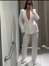 ZARA WOMAN ECRU ZW COLLECTION TUXEDO JACKET & Matching trousers Set SIZE XS