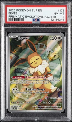 2025 POKEMON PRISMATIC EVOLUTIONS POKEMON CENTER ETB PROMO #173 EEVEE PSA 8