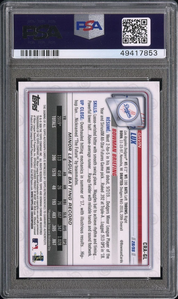 Gavin Lux 2020 Bowman Chrome Rookie Auto Red Refractor /5 PSA 9 Dodgers Reds - Image 2 of 2