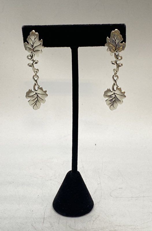 Sterling Silver 925 Oak Leaf Drop Earrings Nature Vine Motif 2.25" Long 8.0g