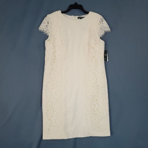 Lauren Ralph Lauren Women's Lace Overlay Shift Dress Short Sleeve Ivory Size 14