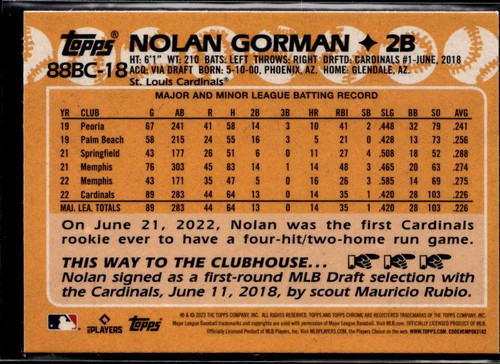 2023 Topps Chrome #88BC-18 Nolan Gorman 1988 35th Anniversary Rookie Cardinals - Picture 2 of 2