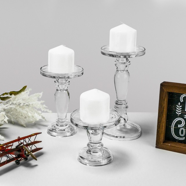 Tall Hollow Stem Clear Glass Floating Taper Candle Holders Set of 2