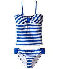 ELLA MOSS GIRL'S CABANA BANDINI TANKINI 2 PC SWIM SET STRIPE BLUE SZ 14 NEW 68