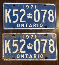 ONTARIO LICENSE PLATE 1971 PAIR / K52 078 / 1971 ONTARIO LICENSE PLATE PAIR