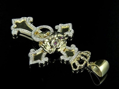 3Ct Round Cut Moissanite Lion Crown Cross Pendant 14K Yellow Gold Plated Silver - Picture 3 of 7