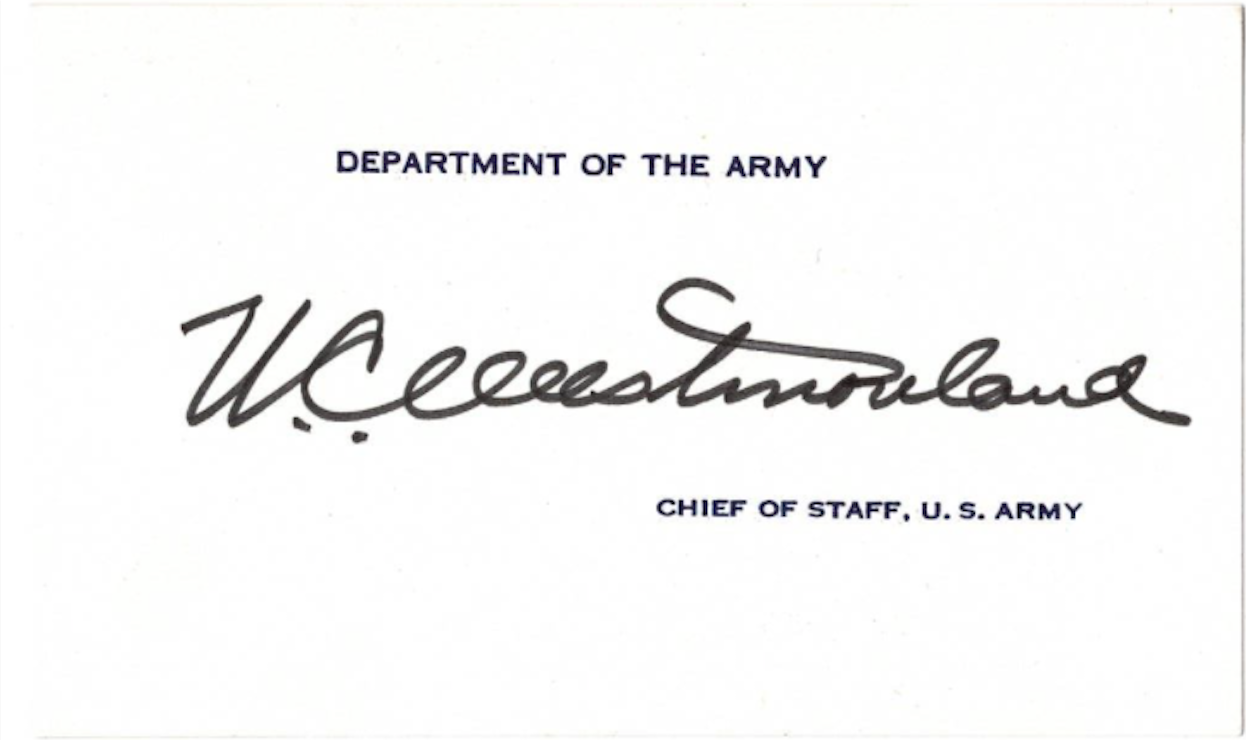 William C. Westmoreland signed autographed index card AMCo COA 19878