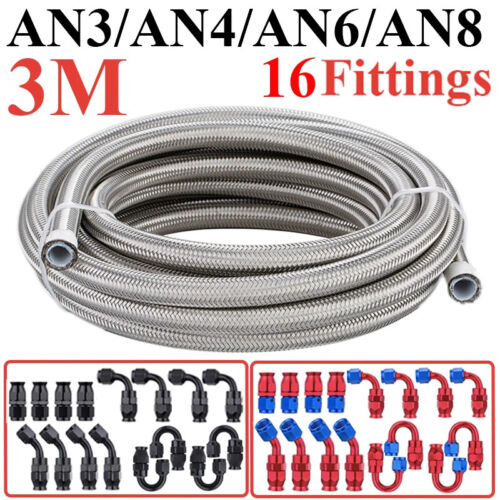 9.8FT/3M 3AN 4AN 6AN 8AN E85 Stainless Steel PTFE Fuel Hose Oil Line 16 Fittings
