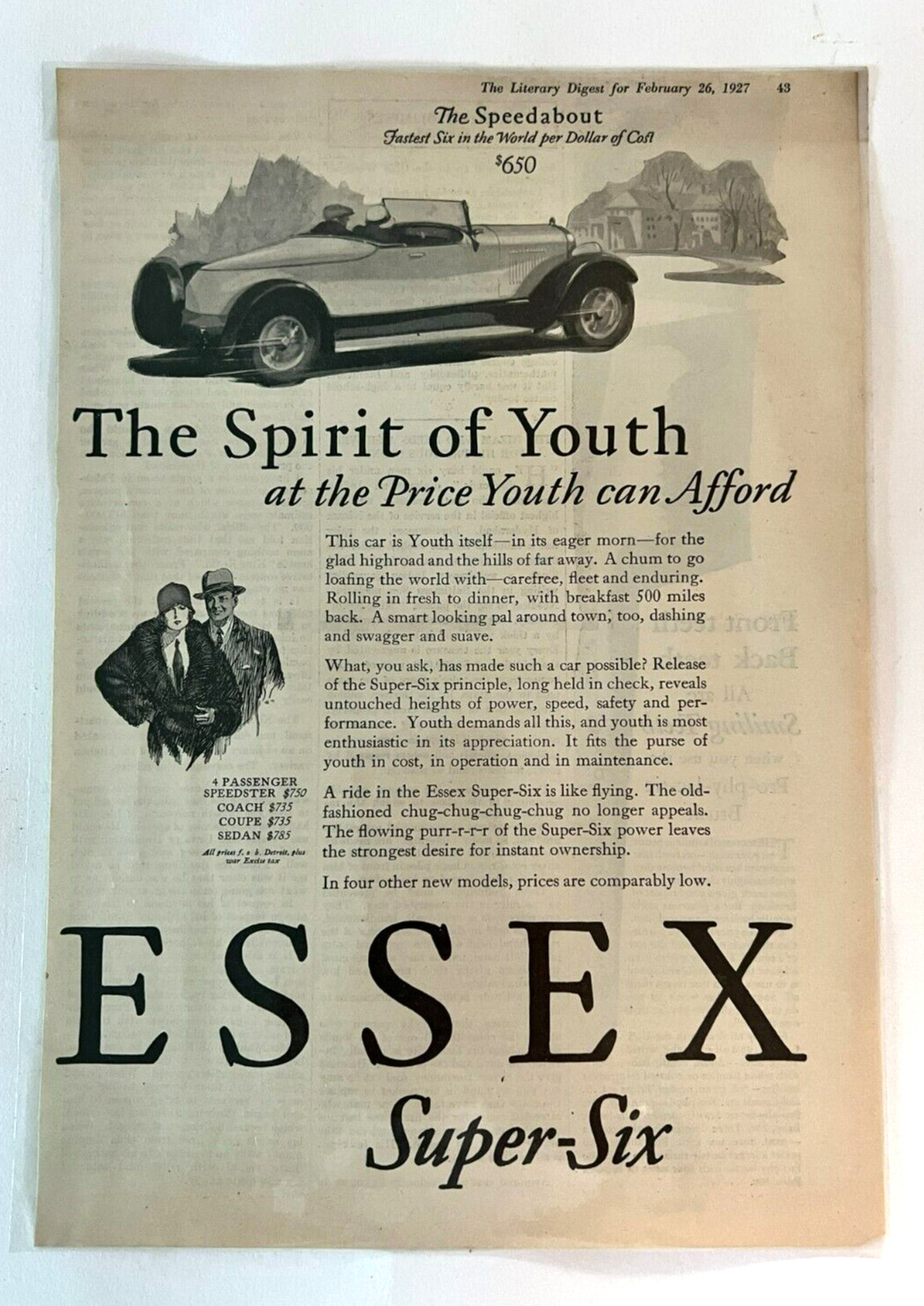 1927 Print Ad Essex  Super-Six The Spirit Of Youth Speedabout Detroit  Michigan