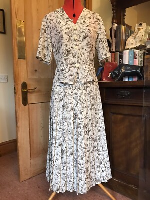 TRUE VINTAGE 80s ALEXON SKIRT SUIT PLEATED JACKET BLOUSE CREAM GREY BROWN  RETRO UK