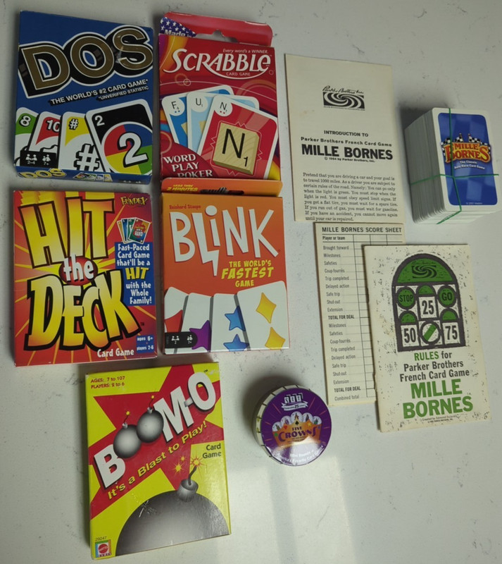 7 Small Box Card Games Lot - 5 Crowns Mini, Scrabble, Dos, Blink and More