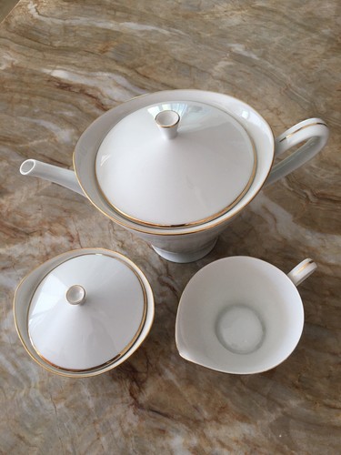 Hutschenreuther Mid Century Tea Pot W/ Creamer & Sugar Bowl w/ Lid White Gold - Picture 7 of 8