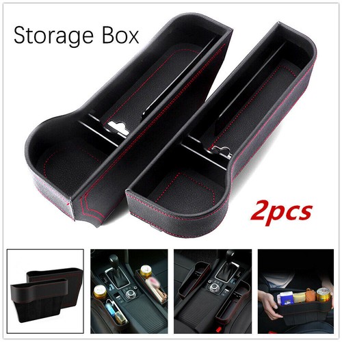 2X Car Seat Gap Storage Box Cup Holder Organizer PU L+R Black Leather Red Line - Picture 1 of 11