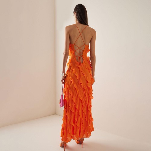 Women Orange Layered Ruffle Split Off Shoulder Long Soft Slip Cocktail Dress - Picture 2 of 20