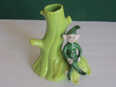 Vintage TREASURE CRAFT California Green Christmas PIXIE Elf On Tree Spill Vase