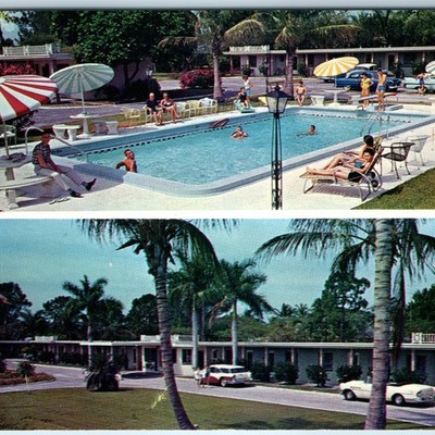 1950s Fort Myers FL Edisonian Court Motel Postcard Pool Palm Tree Corvette Chevy