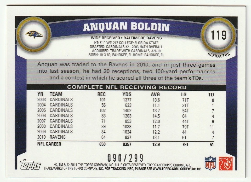 ANQUAN BOLDIN 2011 TOPPS CHROME #119- BLACK REFRACTOR #090/299- BALTIMORE RAVENS - Image 2 of 2