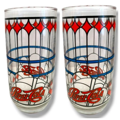2 RARE & VINTAGE 70s PEPSI TIFFANY STAINED GLASS DRINKING GLASSE