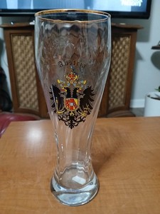 Austria Coat of Arms Tall Beer Pilsner Glass Gold Rimmed Souvenir