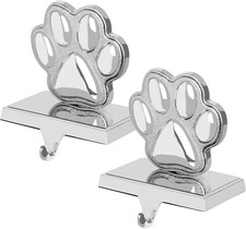 2 Pack Dog Paw Christmas Stocking Holder, 3D Silver Metal Mantel Stocking Hanger
