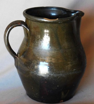 Antique 19th C Stoneware Batter Pitcher Dark Olive Black Glaze 10in NC Ohio PA